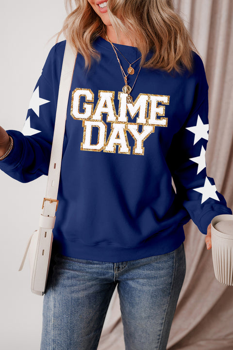 Navy Blue GAME DAY Printed Star Sleeve Crewneck Pullover Sweatshirt