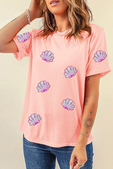 Pink Sequin Shell Graphic Round Neck T Shirt