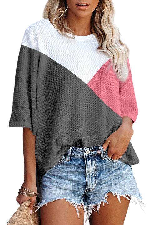 Strawberry Pink Colorblock Waffle Knit Half Sleeve T Shirt