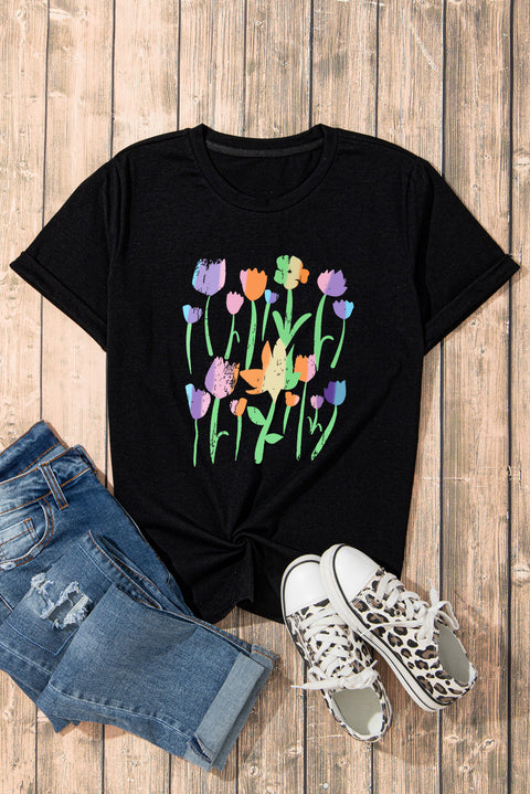 Black Floral Print Crewneck T Shirt