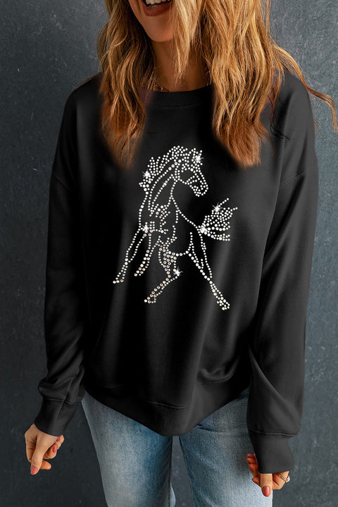 Black Rhinestone Horse Drop Shoulder Crewneck Sweatshirt