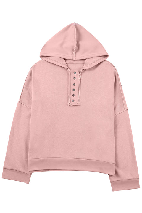 Casual Button Solid Patchwork Trim Hoodie