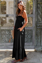 Black Spaghetti Straps Smocked Front Slit Buttoned Dress