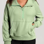 Smoke Green Quarter Zip Stand Neck Kangaroo Pocket Sweatshirt