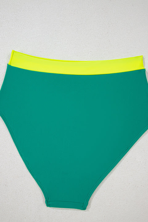 Sea Green Contrast Trim Colorblock Patchwork High Waisted Bikini