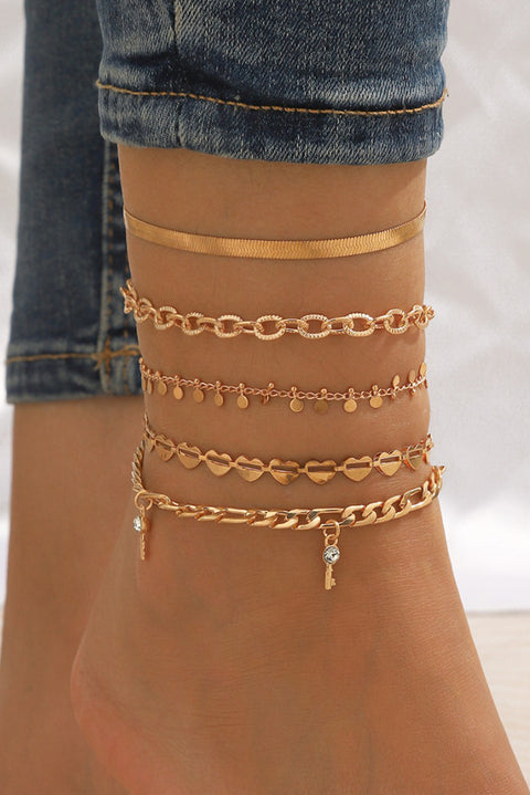 Gold Sweet Heart Rhinestone Dangle 5-piece Anklets