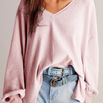 Light Pink Waffle V Neck Long Sleeve Drop Shoulder Loose Blouse