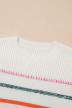 White Colorful Striped Ribbed Trim Sweater