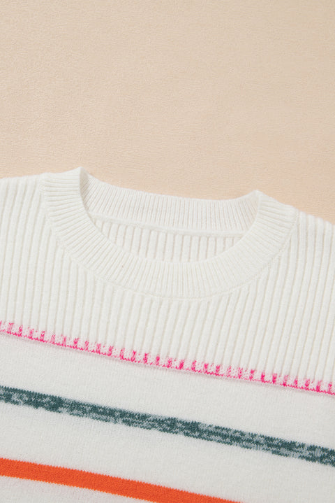 White Colorful Striped Ribbed Trim Sweater