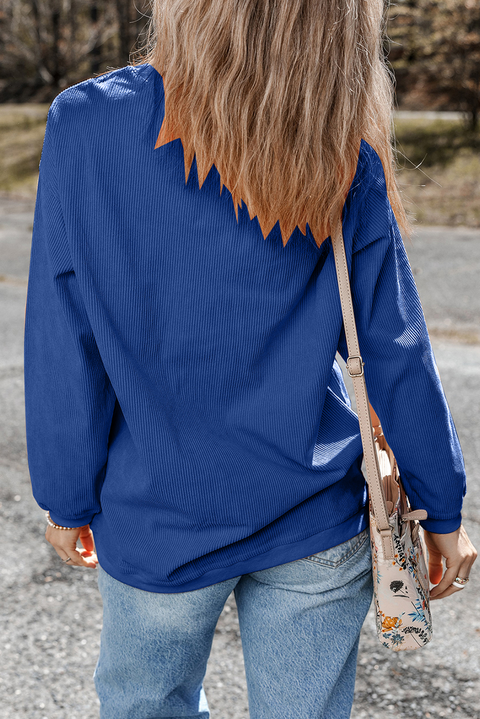 Dark Blue Chenille Checkered Game Day Graphic Drop Shoulder Corded Sweatshirt