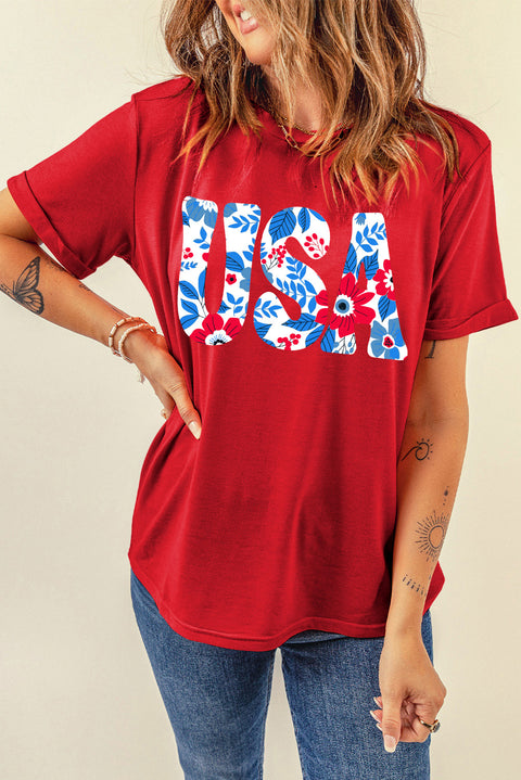 Red USA Flower Print Round Neck T Shirt