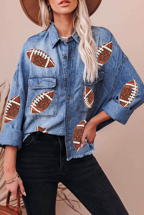 Sky Blue Sequin Rugby Graphic Flap Pockets Raw Hem Game Day Denim Jacket