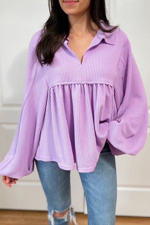 Phalaenopsis Corded Turn-down V Neck Bubble Sleeve Babydoll Blouse