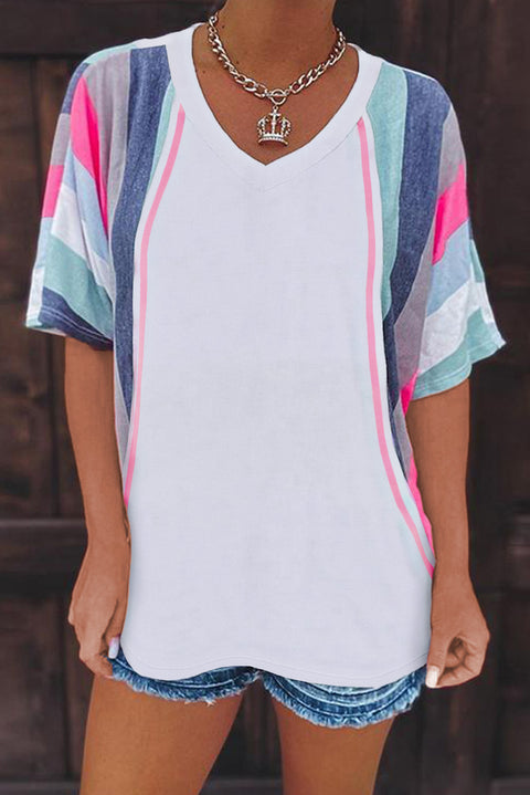 Stripe Patchwork V Neck T Shirt