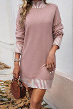 Fushia Striped Trim Mock Neck Dropped Long Sleeve Sweater Mini Dress