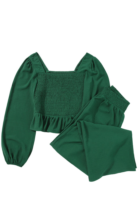 Green Square Neck Smocked Peplum Top and Pants Set