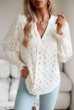 Beige Foil Crescent Print Notched Neck Flounce Sleeve Blouse