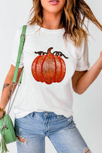 White Sequined Thanksgiving Pumpkin Graphic Cuffed Sleeve T Shirt