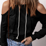 Black Exposed Seam Cold Shoulder Drawstring Hoodie