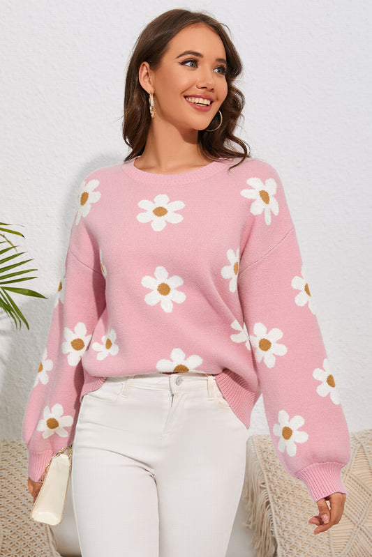 Pink Floral Pattern Drop Shoulder Sweater