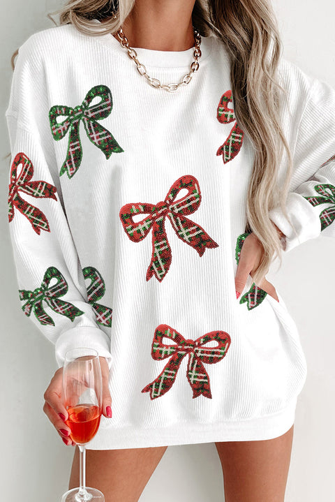 White Plaid Bowknot Pattern Corded Oversized Sweatshirt