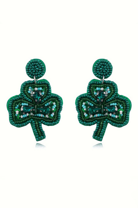 Blackish Green St Patrick Shamrock Rice Beaded Stud Earrings