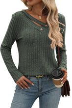 Mist Green Ribbed Long Sleeve Buttoned Strap V Neck Top