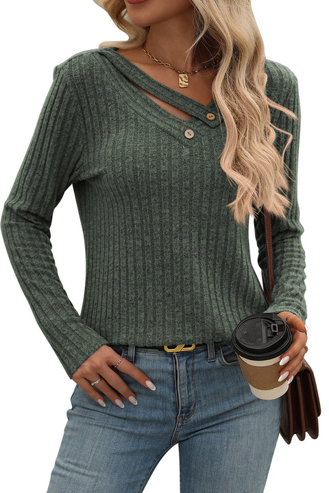 Mist Green Ribbed Long Sleeve Buttoned Strap V Neck Top