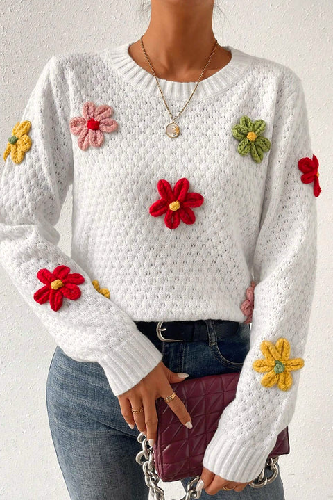 White Colorful Flower Applique Textured Knit Sweater