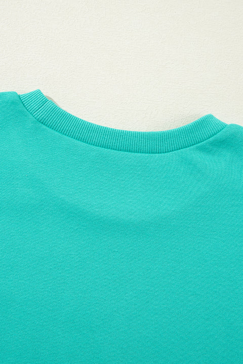 Aruba Blue Solid O Neck High Low Hem Pullover Sweatshirt