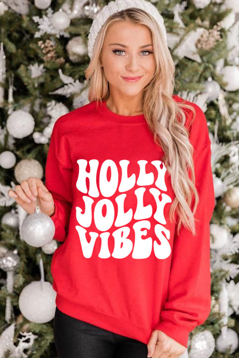 Red HOLLY JOLLY VIBES Graphic Crewneck Christmas Sweatshirt