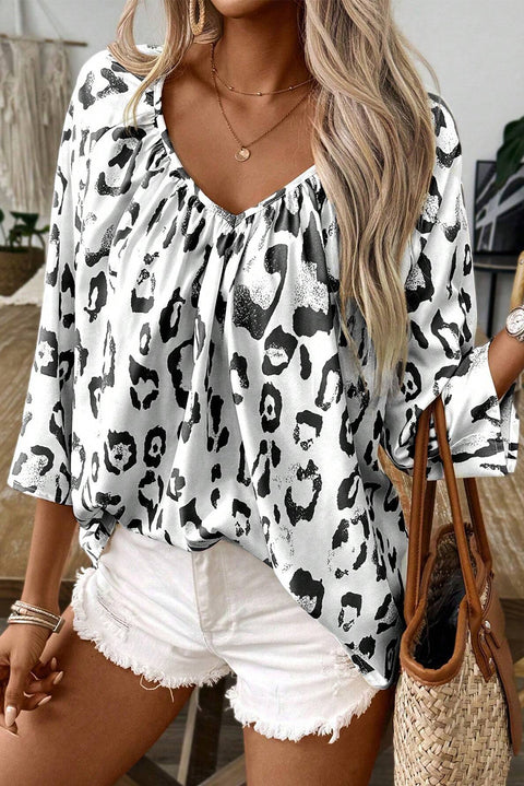 Black Leopard Print Ruched V Neck 3/4 Sleeve Blouse