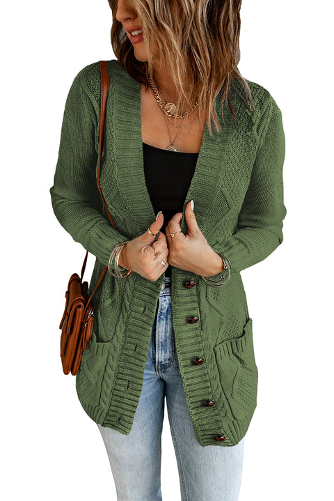 Green Front Pocket and Buttons Closure Cardigan