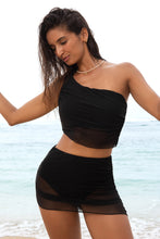 Black Pleated Mesh One Shoulder Bikini Top and Skirts Set