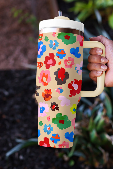 Khaki Flower Print Large Portable Cup with Handle 40OZ