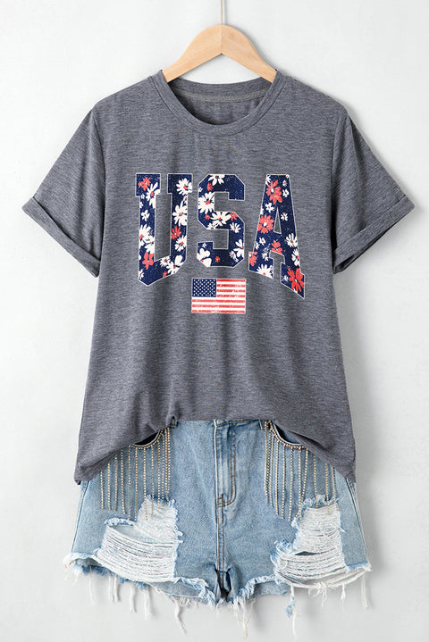 Gray Blooming USA Flag Print Casual T Shirt