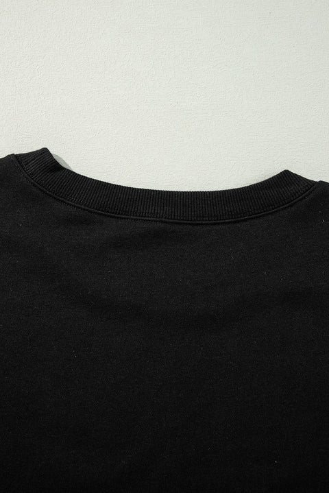 Black Exposed Seam Drop Shoulder Round Neck Sweatshirt with Slits