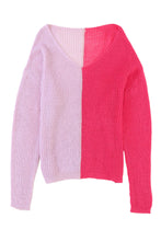 Pink Long Sleeve V-Neck Colorblock Sweater