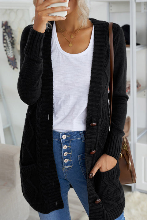 Black Front Pocket and Buttons Closure Cardigan