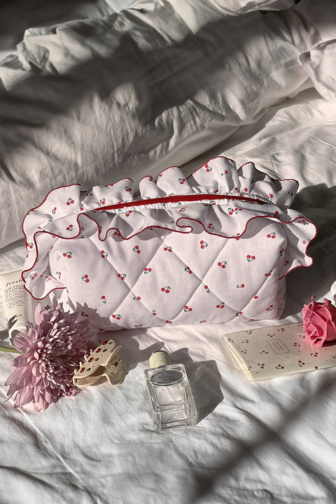 White Quilted Cherry Printed Ruffled Zipper Makeup Bag