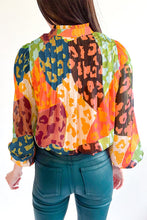 Orange Leopard Patchwork Print Pleated Blouse