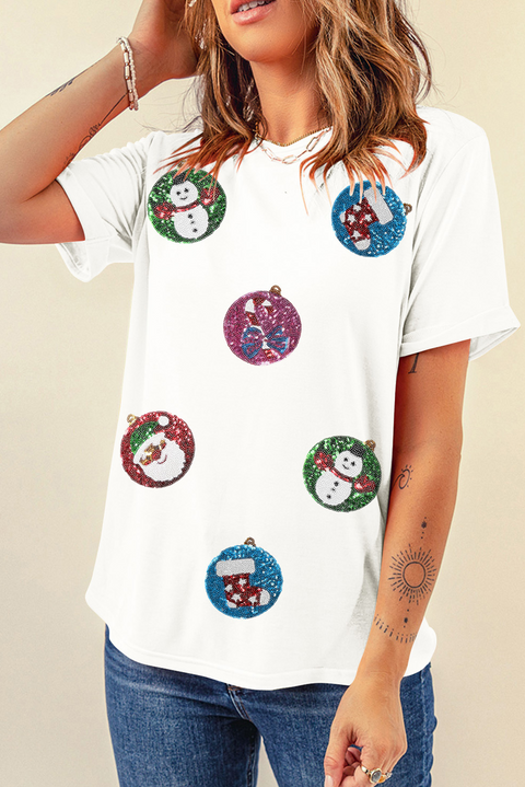 White Sequin Patterned Christmas Light Patch Round Neck Tee