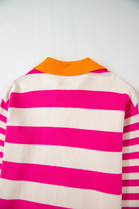 Rose Stripe Color Block Collared V Neck Drop Shoulder Sweater