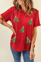 Red Sequined Christmas Tree Graphic Crewneck T Shirt