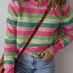 Green Color Block Ribbed Edge Round Neck Sweater