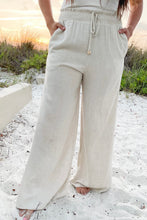 Beige Smocked High Waist Wide Leg Plus Size Pants