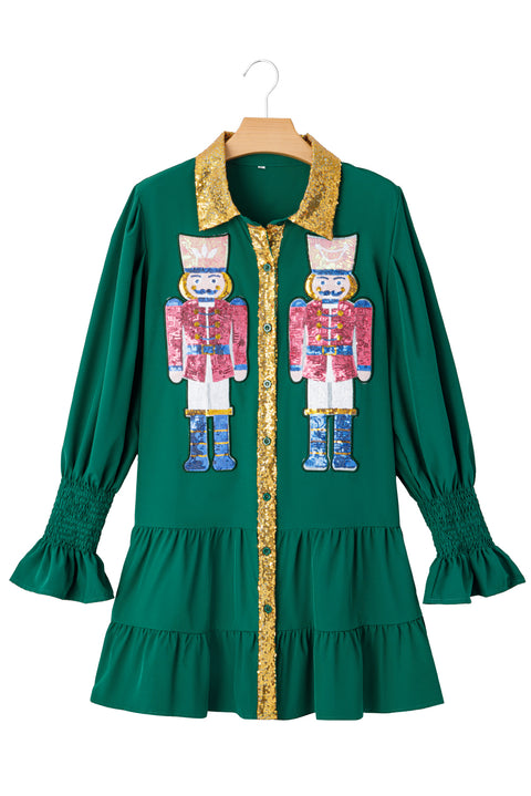 Evergreen Christmas Sequin Nutcracker Collared Shirt Ruffled Long Sleeve Mini Dress