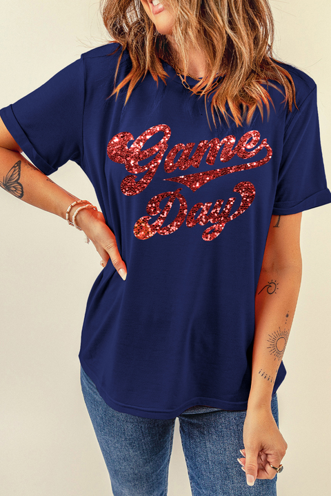 Blue Glittering Game Day Graphic Cuffed Sleeve Crew Neck T Shirt