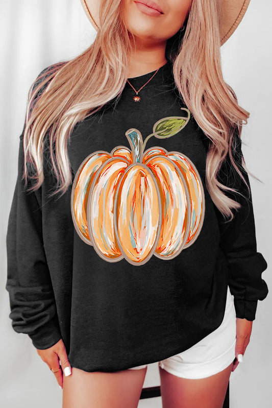 Black Thanksgiving Pumpkin Graphic Drop Shoulder Sweatshirt