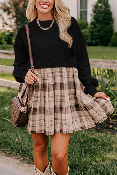 Black Plaid Patchwork High Waist Sweatshirt Mini Dress